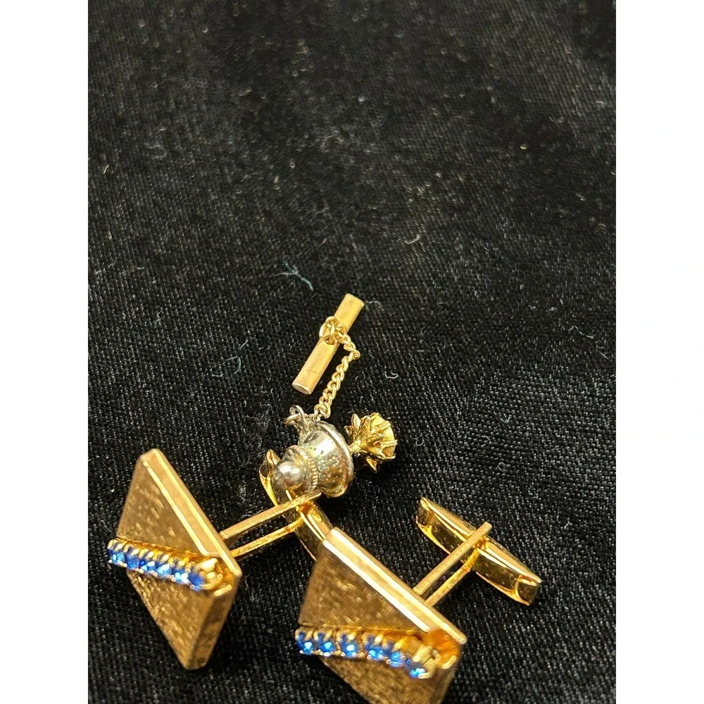 Vintage Gold Tone Textured Square Cufflinks and Tie Tack Set Blue Rhinestones